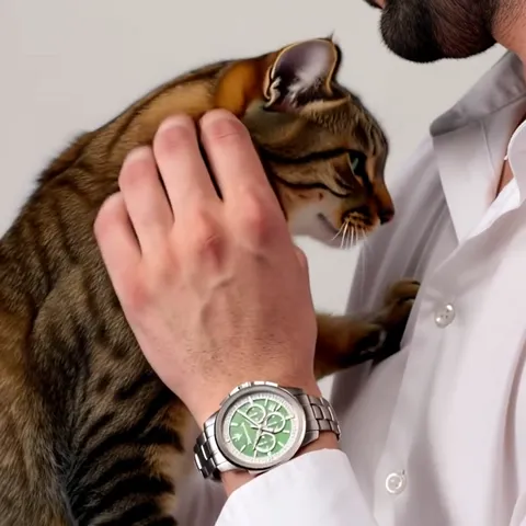 The palm strokes the cat, the watch at the centre of frame. The chronograph counters are legible, as is how the bracelet