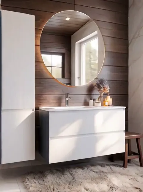A bathroom with a timber wall: a white wall-hung vanity with a basin, a backlit round mirror above, a window to the righ