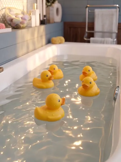 Close on the water in a filled bath: three yellow ducks, foam at the edges, sun patches on the surface. Blue tile, shelv