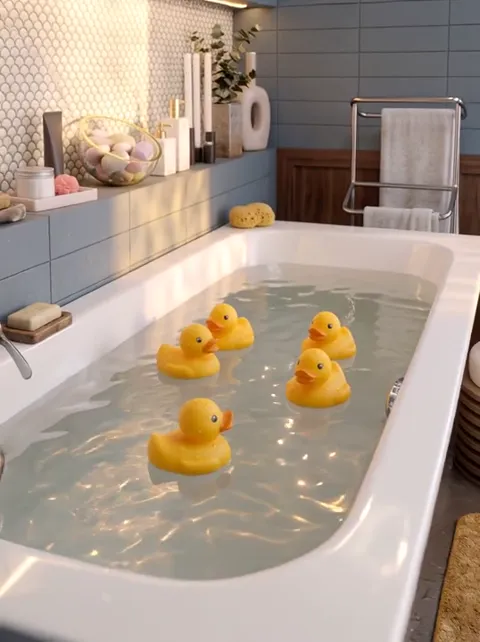 The camera pulls back to the whole shell with its rim and shelf. The ducks set the scale — the width of the bath reads o