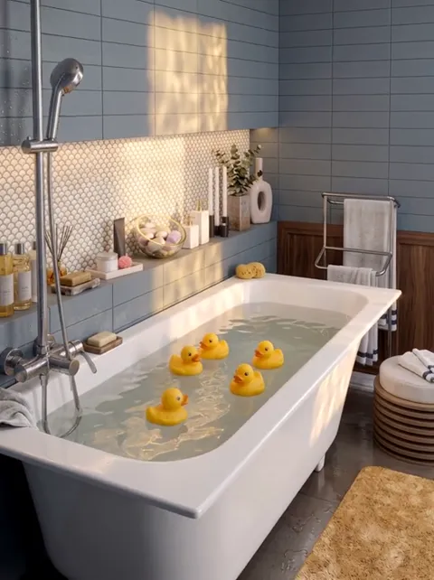 The finale: the room entire, the bath against the wall. Five seconds have run from macro on water to a wide shot, where 