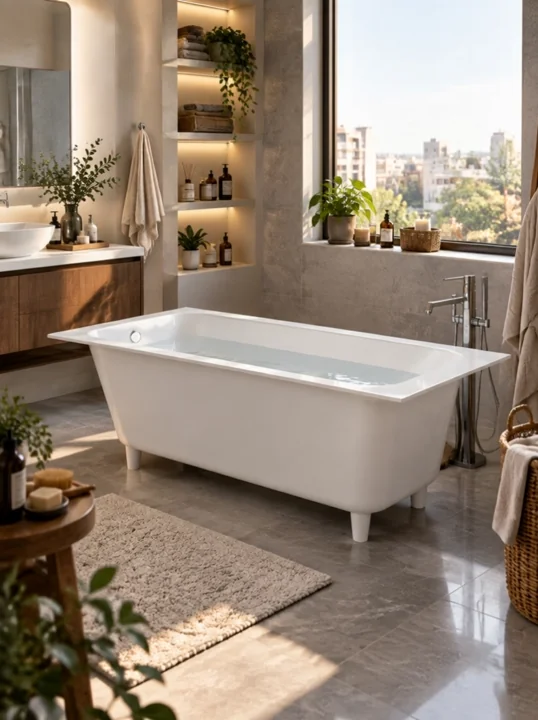 AI-generated product video: a bathroom under changing weather