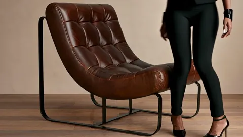 The chair on a sand-coloured ground: seat and back in brown leather with deep buttoning, a frame of slim black steel, ru