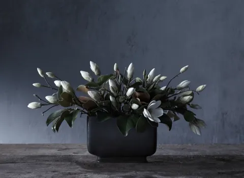 The arrangement in cold twilight: magnolia buds closed, leaves dark, the background sinking into blue. The starting poin