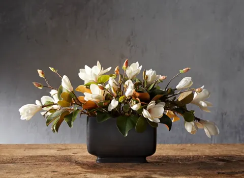 A warm beam falls across the table and the back wall, the bronze vase gains colour, the opened flowers gain volume. The 