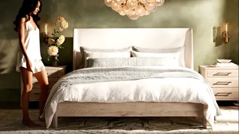 A bedroom in olive walls: a wide bed under white linen, wooden nightstands, sconces, a chandelier of mother-of-pearl pet