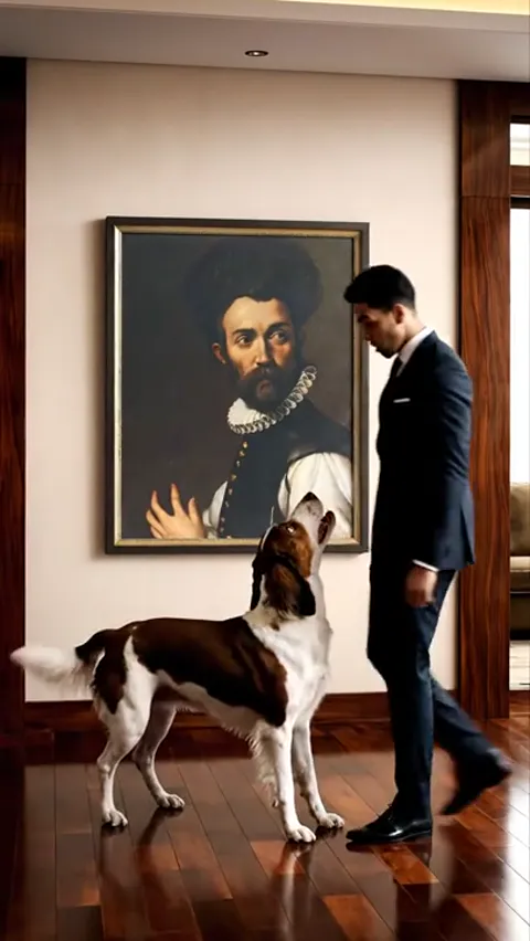 A man in a suit enters with a spaniel running beside him — the same breed as in the painting. You notice the coincidence