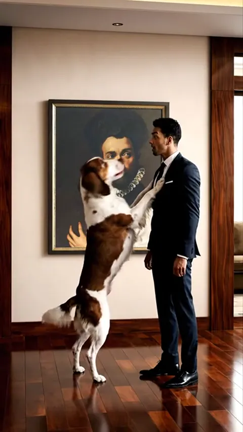 The dog rises on its hind legs toward the painting, the man beside it. The live scene repeats the composition of the por