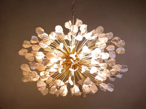 The chandelier hangs against a dark wall: a sphere of dozens of mother-of-pearl petals on gilded rods, lamps within. Lig