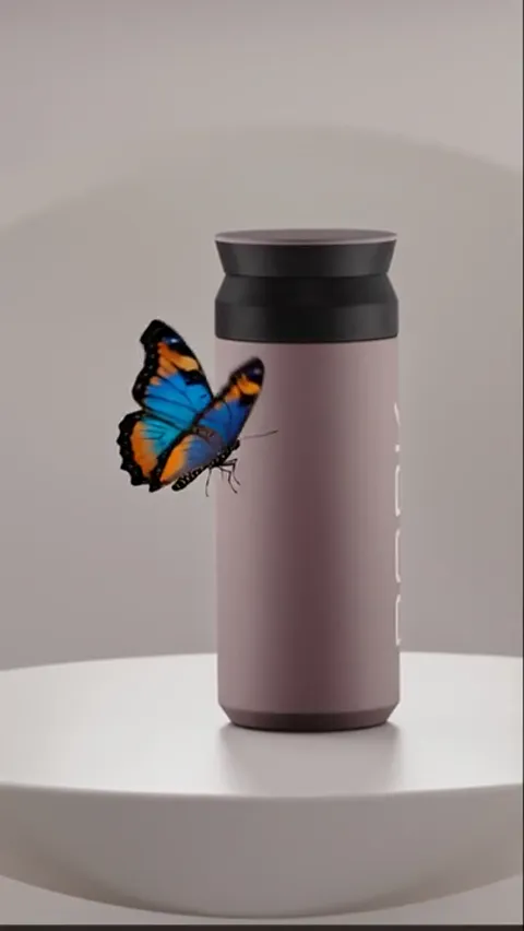 The butterfly settles on the lid. The body is matte and does not flare: light falls as an even gradient with no mirror p