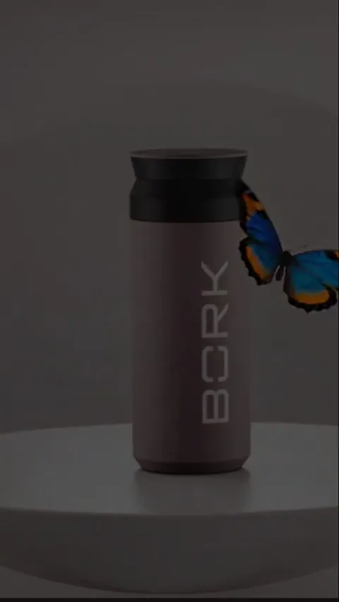 The finale: the butterfly by the logo, the mug backlit. Eight seconds have shown the matte finish and the true shade — t