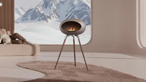 The pull-back continues and a window onto mountains opens up. The fireplace turns out to be in a living room, not a stud