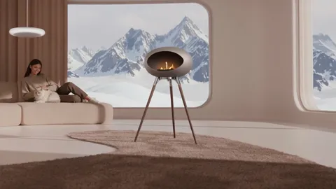 The finale: the room entire, a woman on the sofa, the fireplace at the left. Five seconds have travelled from the fire t