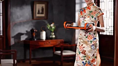 A woman in a floral cheongsam carries a tray through an interior of dark wood and lattice windows. The tray is seen side