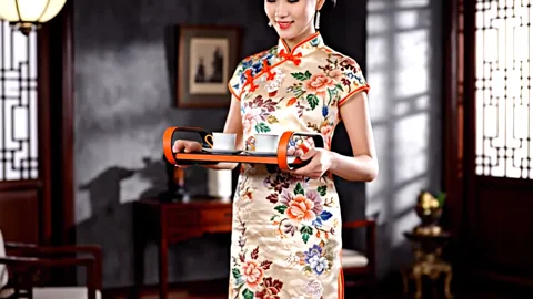 She turns to the camera, the tray fully in frame. A cup and saucer on it, her hands on the brackets — the grip is high a
