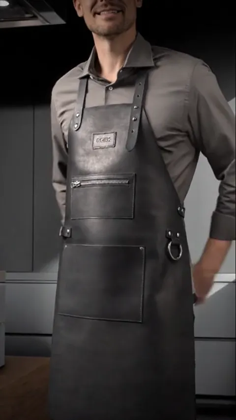 The finale: the man face-on, the apron entire. Eight seconds have shown length, fit and the softness of the leather — th