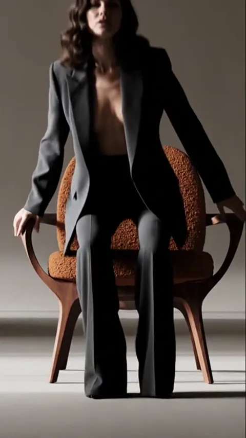 She sits, the frame catching the moment of contact. You can see how far the bouclé gives and where the seat height falls