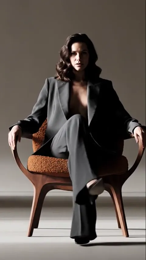 She sits with her legs crossed, one hand on the arm. The rake of the back reads clearly, as does the fact that the arm c