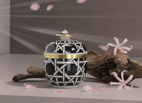 More petals, the light turning to slanted beams. The glaze catches a highlight: the ceramic is glossy and the pattern si