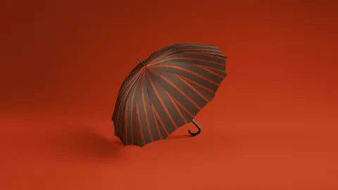 A folded umbrella lies on a red ground: a dark canopy, many ribs, a curved handle. The frame is still and the object loo