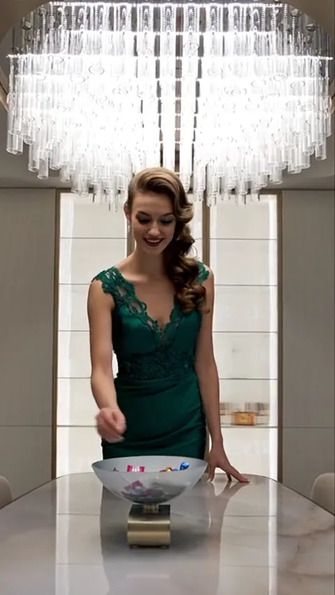She stands at the table, the chandelier entire above her. Her height gives the scale: the lowest tier of tubes begins we
