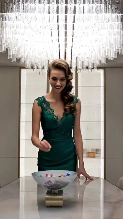 She sets a bowl on the table. Light from the chandelier falls across the marble — the source is diffuse, the shadows sof