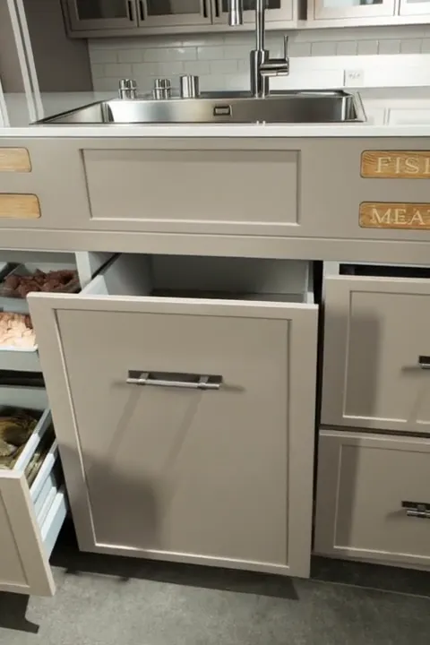 A second drawer opens beneath the sink, a narrow bank of drawers alongside. Under the worktop there is not one dead volu