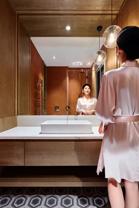 She stands at the counter, the lower tier visible: the unit floats above the floor with an open recess beneath. Raised f