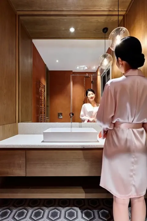 The finale: the woman with her back to camera, her reflection facing us. One frame shows the furniture head-on and in re