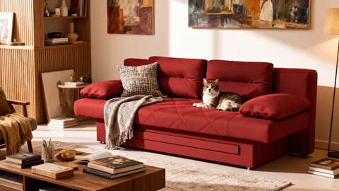 A room in wood panelling: a red sofa against the wall, cushions, a throw, a cat lying on the seat. The sofa is closed, t