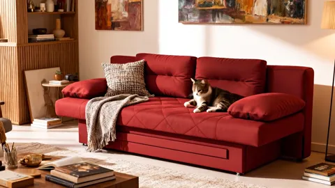 The sofa opens further and the bed becomes noticeably wider than the seat. The stitching along the cushion edges reads c