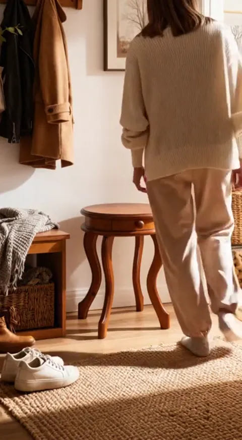 A hallway: a round wooden bench on curved legs stands on a jute mat, shoes and a basket beside it, coats on hooks. A wom