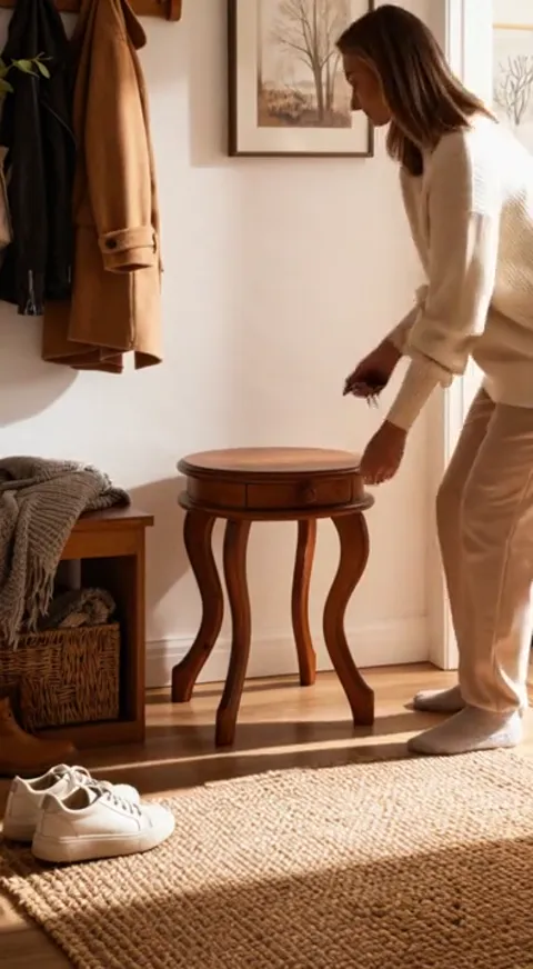 She straightens, the drawer closed. The seat height against her stature is clear: this is a low bench, made for putting 