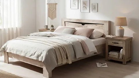 A bedroom in pale tones: a bed with a wooden headboard and a low rail, bedding and coverlet in beige, nightstands either