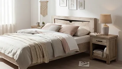 The light changes and the grain in the headboard emerges. This is not veneer under paint: the layers of timber run in br