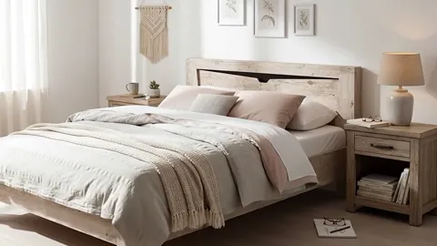 The frame shifts to show the profile of the rail and the gap beneath the bed. The frame sits low on short legs — there i