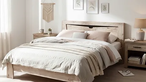 The finale: the bed entire in warm light. Eight seconds have shown the structure of the frame rather than a made bed — w