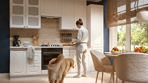 The dog crosses to the dining area while she keeps cooking. The kitchen is a single run and the passage between worktop 