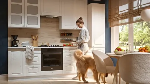 The finale: woman and dog by the table, the kitchen entire in frame. Eight seconds have shown a kitchen at work rather t
