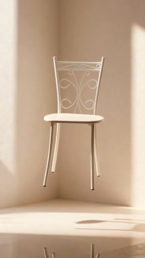 The chair stands in the corner of a bright room: a white metal frame, a back of forged scrolls, a round seat. Light fall