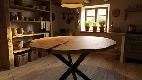 The table stands in a rustic kitchen with beams and shelves of pottery: an oval wooden top on a black cross base. Light 