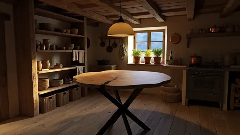 The finale: the table nearly in profile, the top receding. Eight seconds have shown both the figure of the solid timber 
