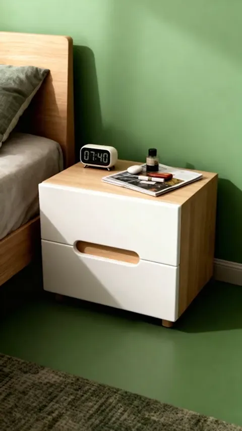A bedroom with a green wall: a white nightstand with a wooden carcass beside the bed, a digital clock reading 07:40 on t