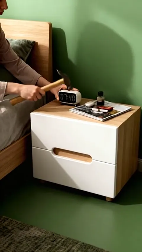 A hand with a hammer enters and raises it over the clock. The moment after which the clip stops being a catalogue shot.