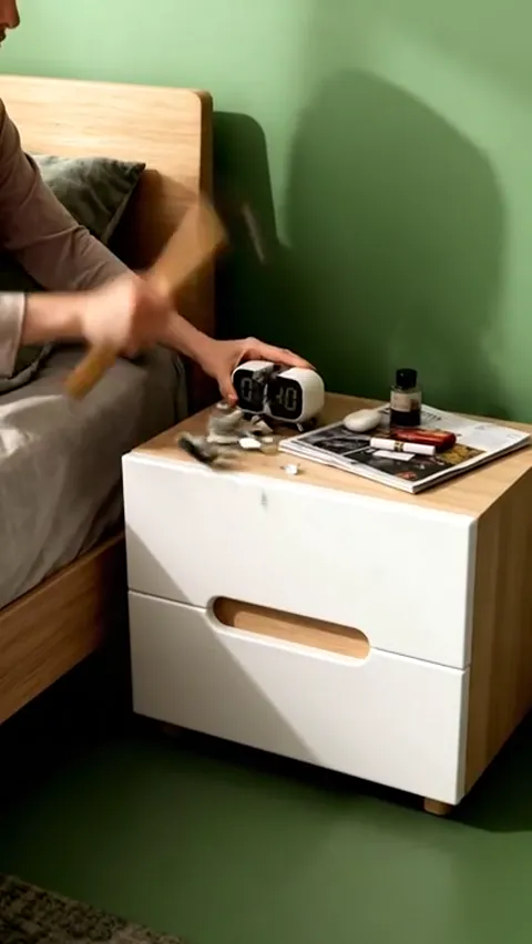 The blow: the clock shatters, fragments across the top. The top survived — this frame shows it is not laminate on chipbo