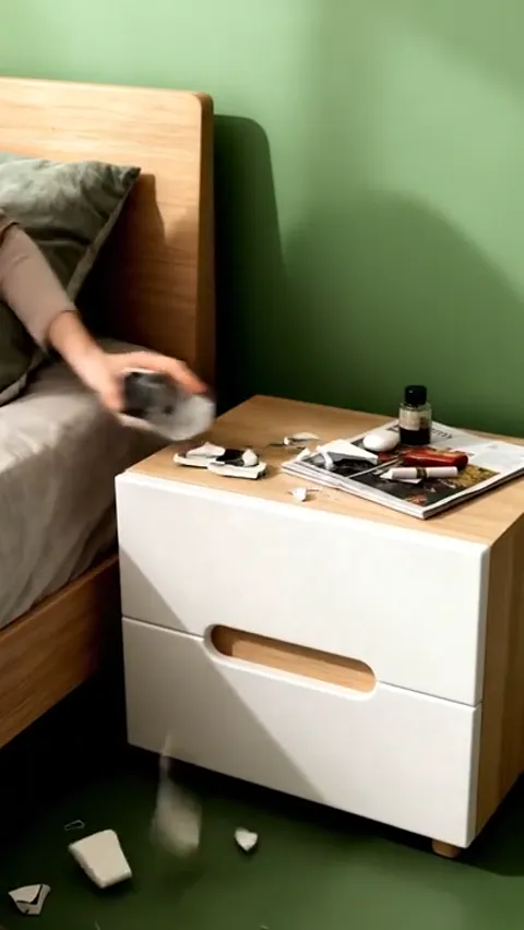 The finale: the hand sweeps the fragments away, the nightstand untouched. Eight seconds have turned a bedside table into