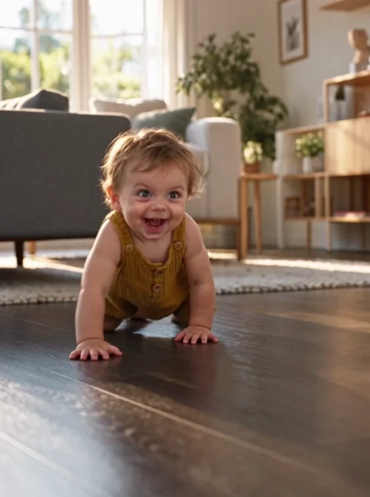AI-generated product video: a toddler and the child-safety shutters of a DKC Avanti 4400003 socket, White Cloud