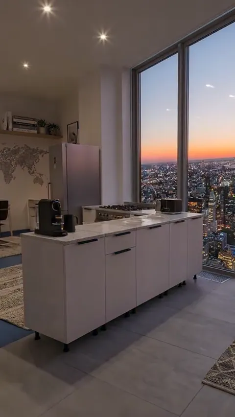 Sunset: the kitchen almost empty, the city in dusk beyond. The island is assembled from separate modules — the joints be