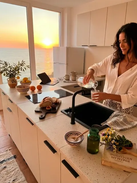 A kitchen island by a window over a sunset sea: a woman in a white shirt pours water. A board, crockery and a tablet on 