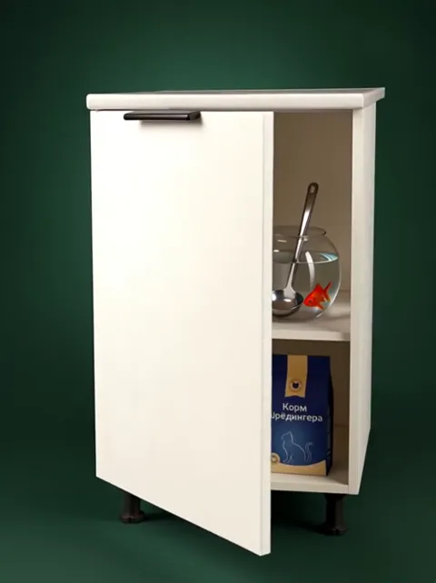 The door swings aside and the upper shelf opens: a round fishbowl with a goldfish and a spoon. The moving front shows wh